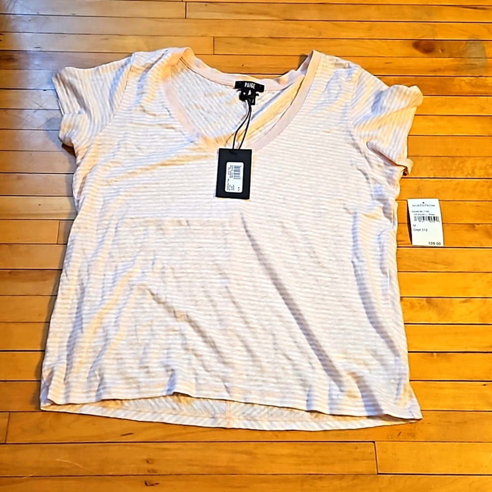 Paige Linnea Striped Scooped V neck 100% Linen Short Sleeve Shirt